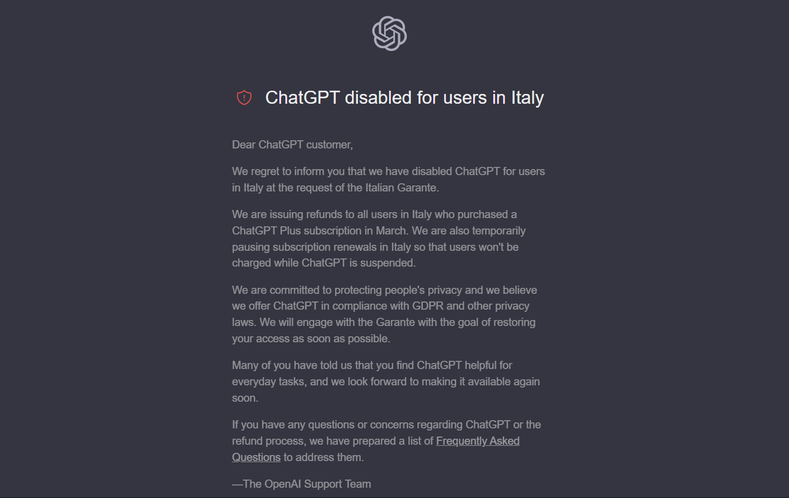 ChatGPT Nachricht für Nutzer in Italien